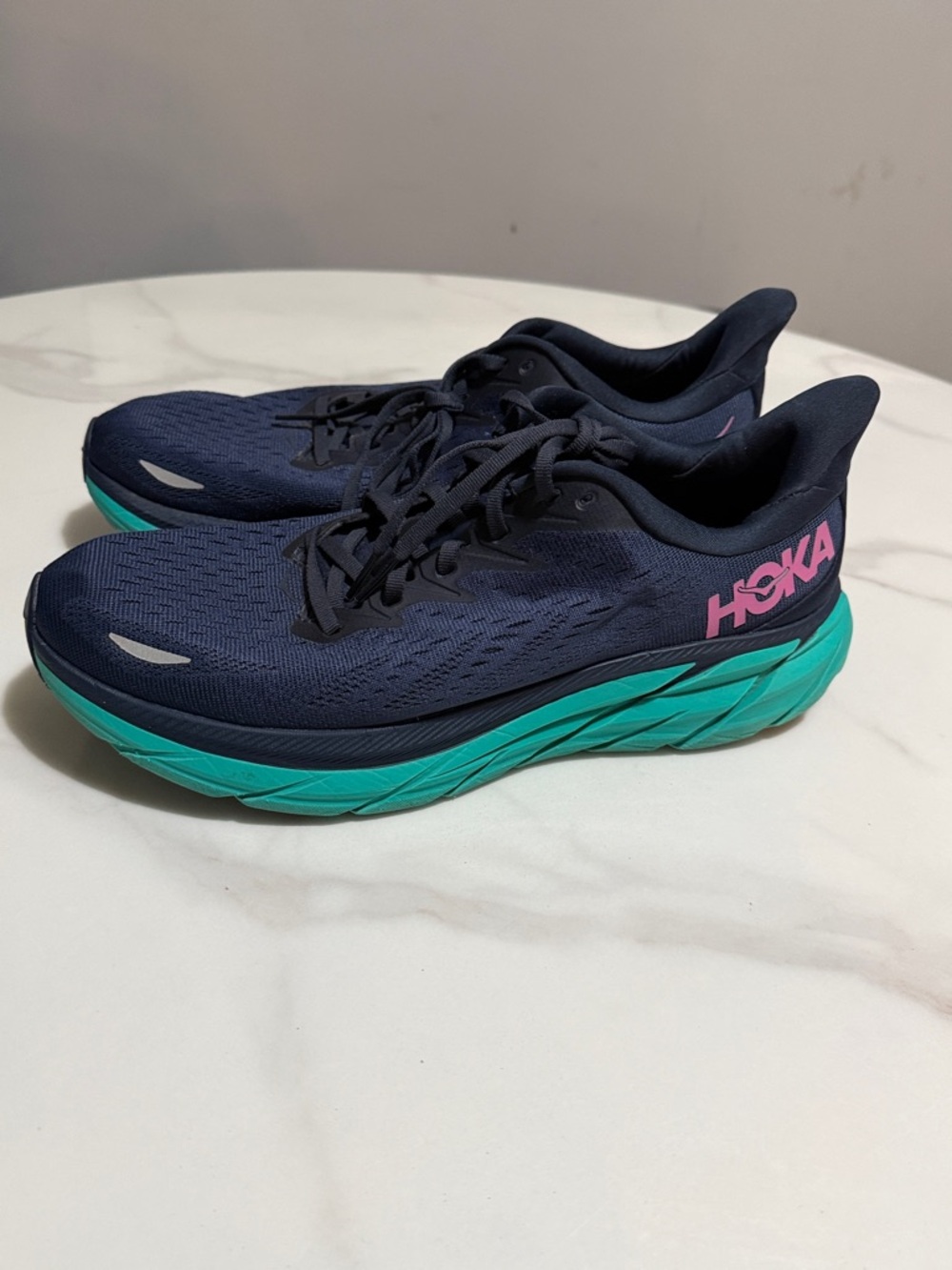 Hoka Women's Running Shoes - Navy Upper with Teal Midsole and Pink Logo